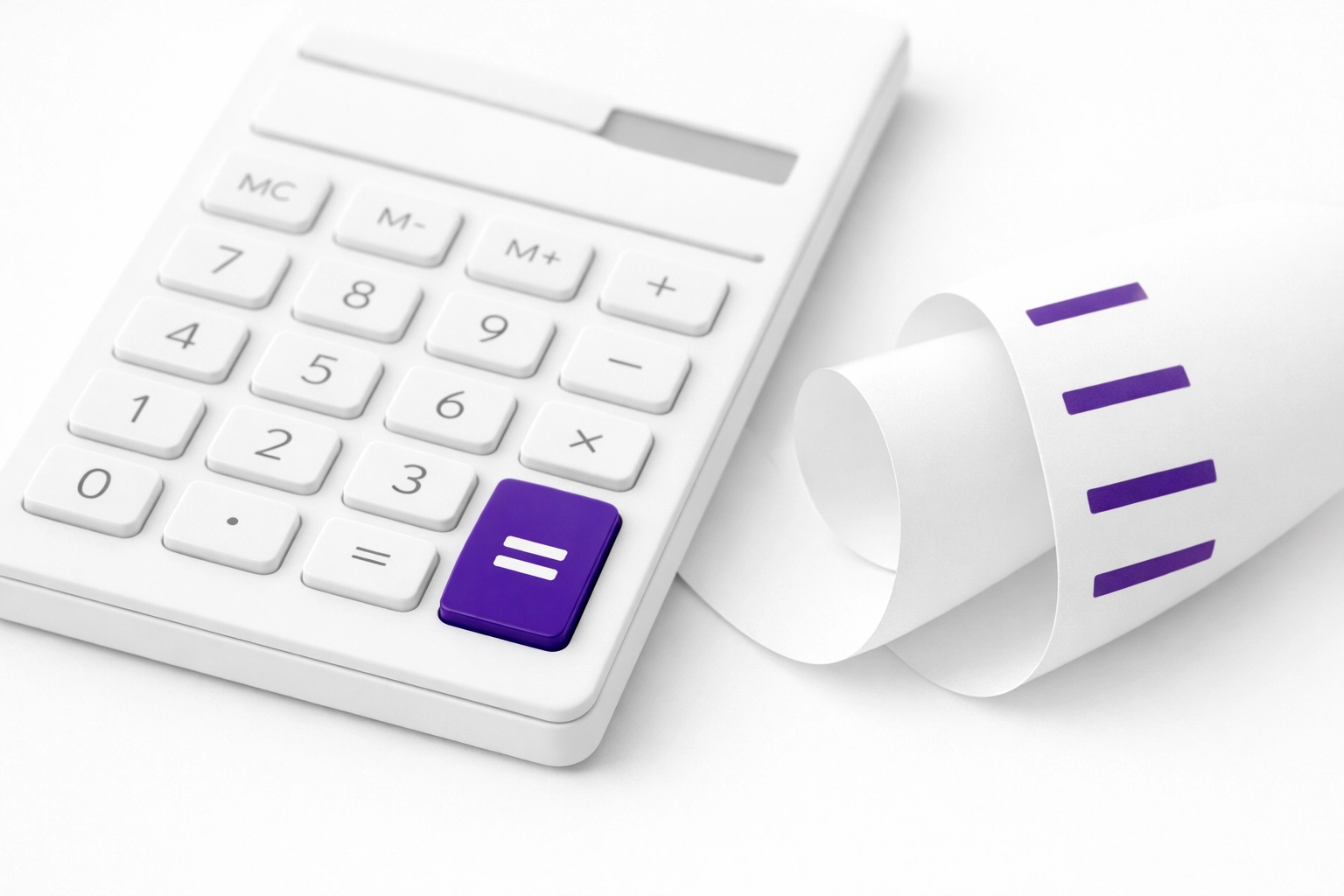 Minimalist white and purple calculator symbolizing sales tax calculation and bookkeeping accuracy.