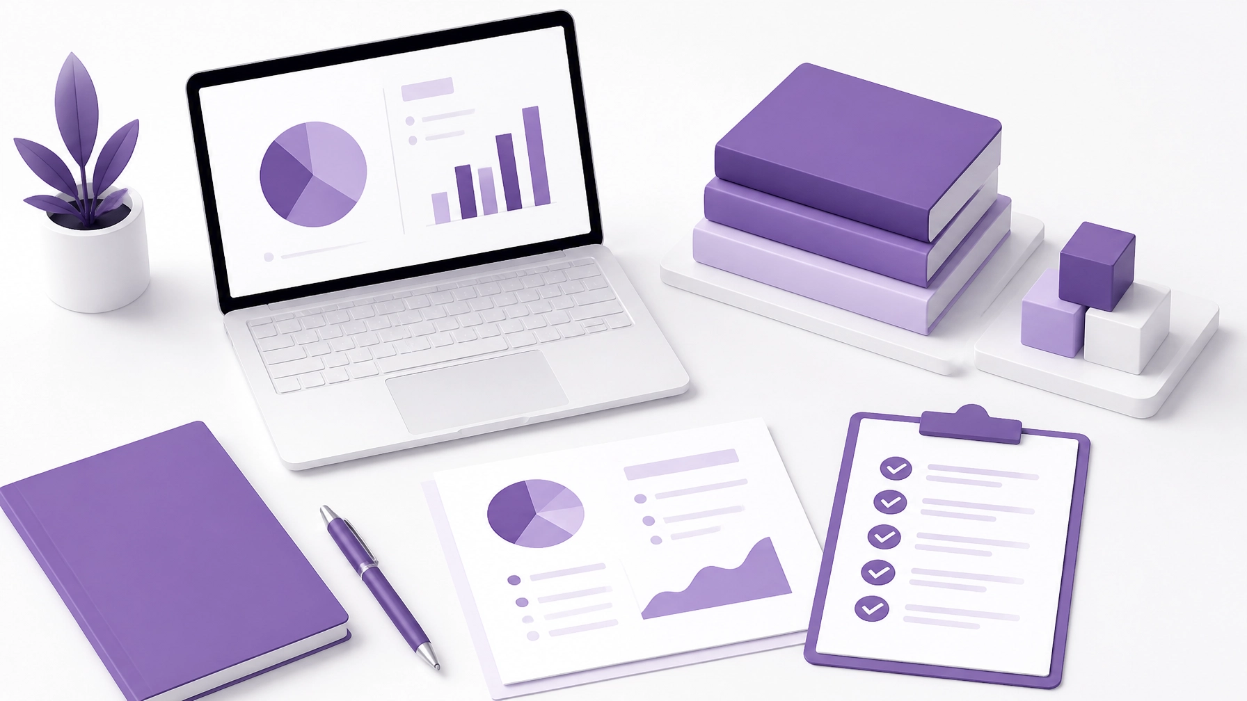 Abstract minimalist finance workflow visual in purple and white with desk-inspired geometric shapes
