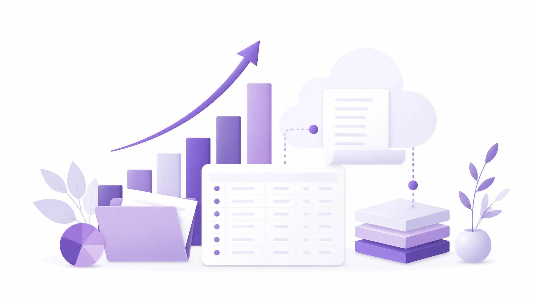 Abstract growth and bookkeeping workflow visual in purple and white