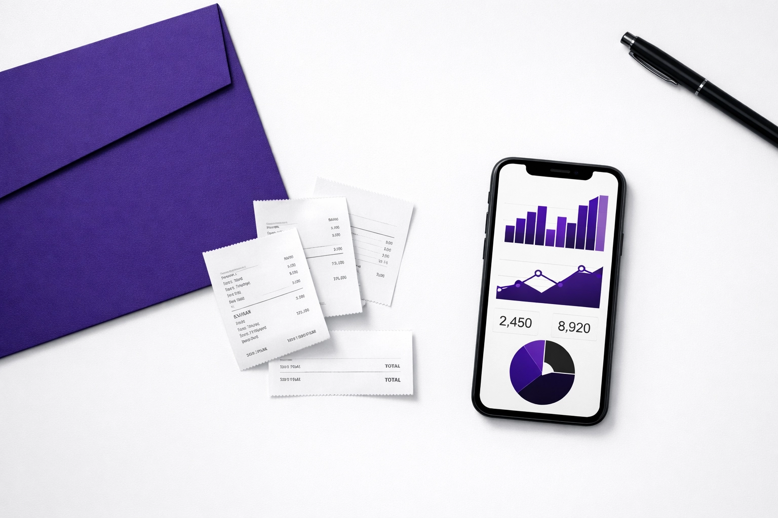 Modern bookkeeping workspace with receipts and digital financial data on smartphone