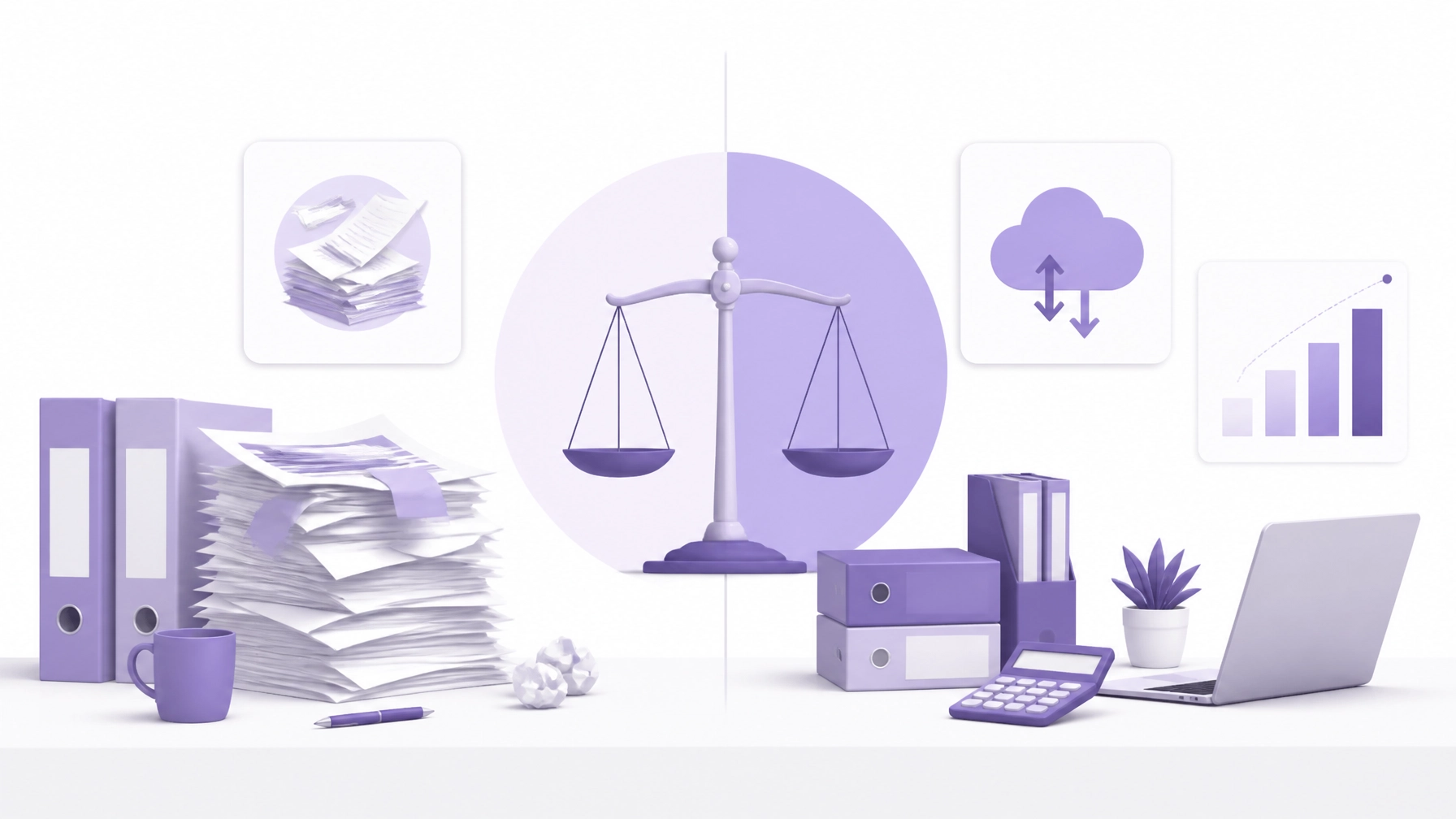 Abstract bookkeeping comparison visual in purple and white