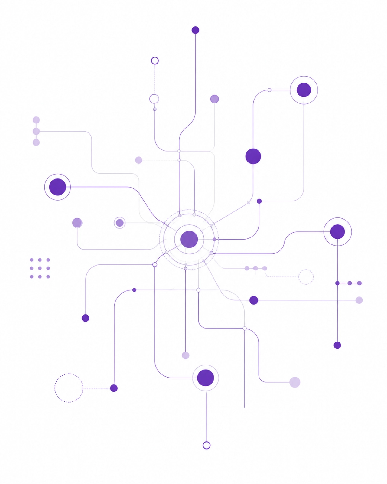 Interconnected purple and white lines representing data flow and integration