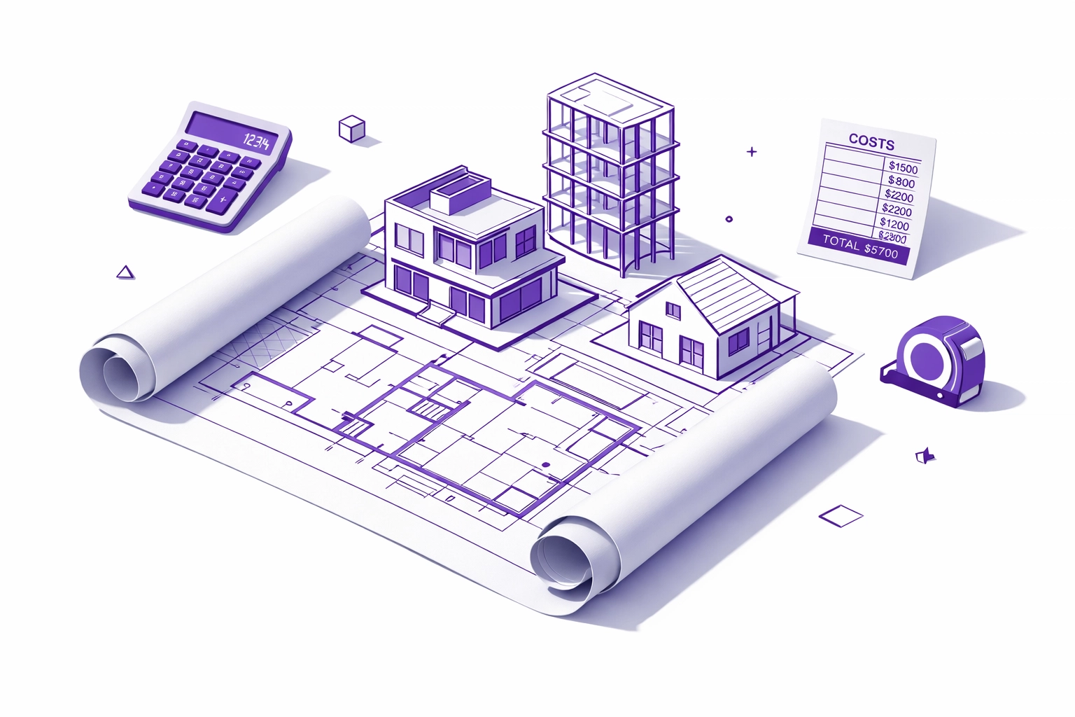 Construction blueprints with job costing tools showing project expense tracking
