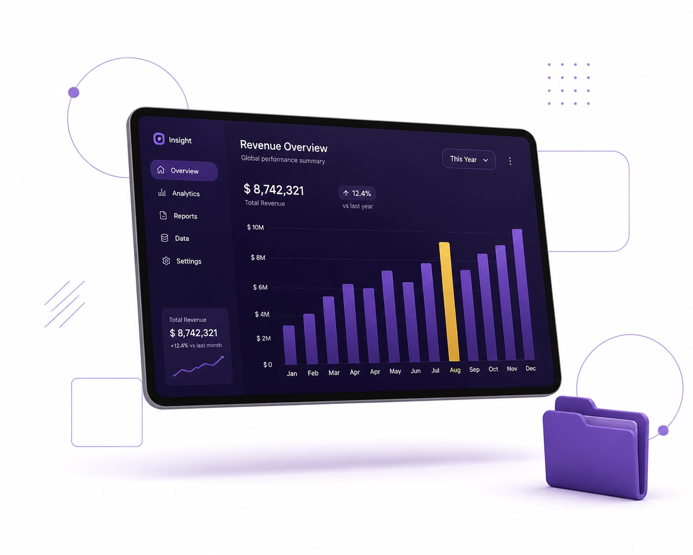 Tablet showing a purple financial bar chart representing basic reporting in free bookkeeping software.