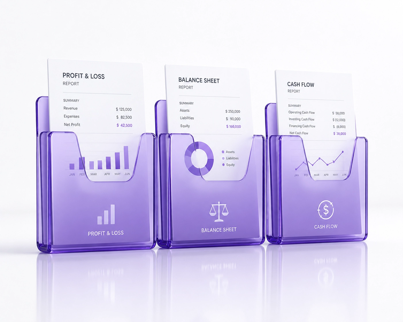 Organized purple document folders representing professional bookkeeping and financial oversight.