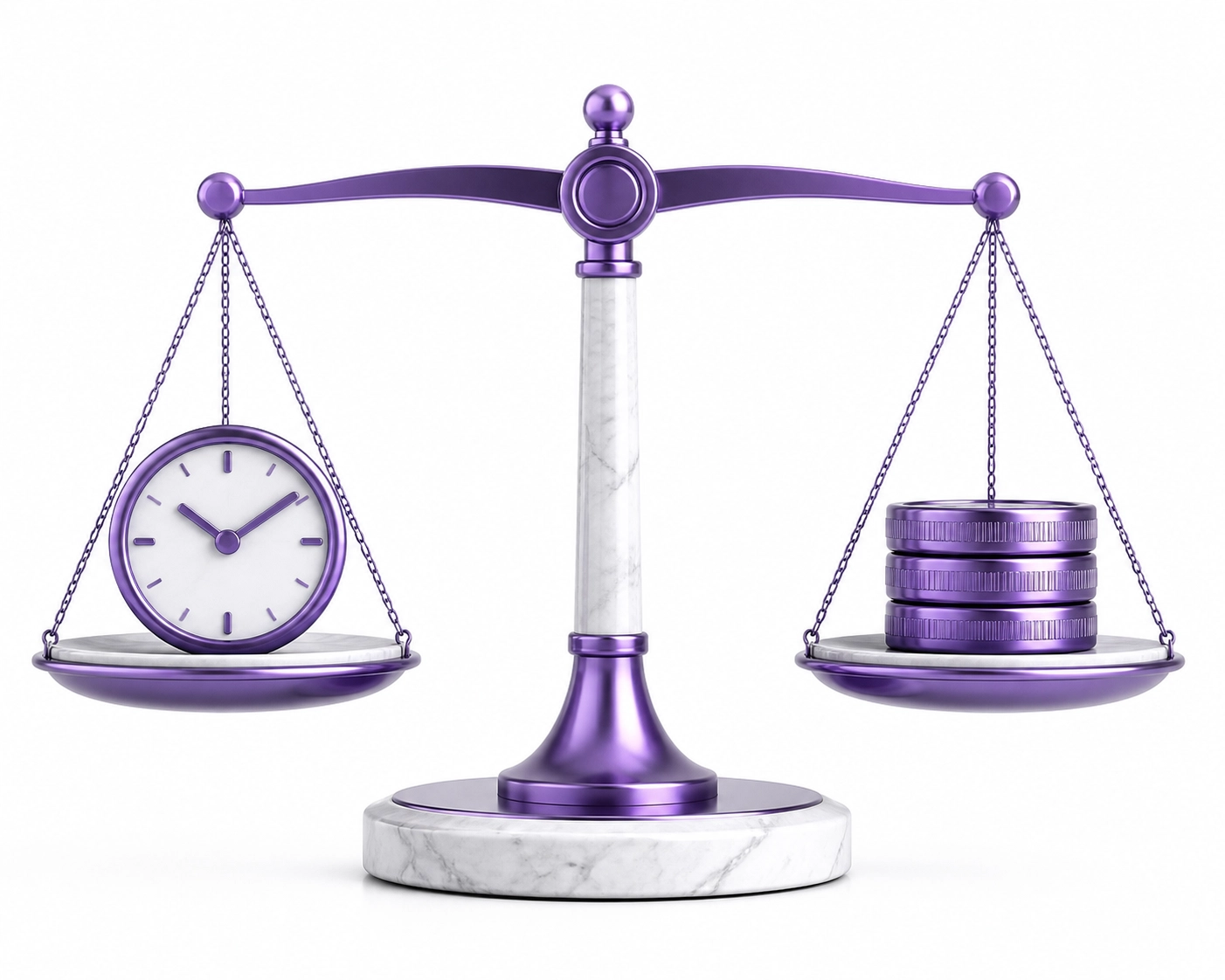 A scale balancing a clock and coins, showing the ROI of outsourcing bookkeeping tasks.