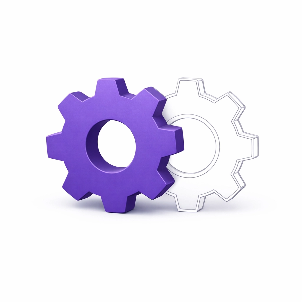 Interlocking purple gears showing the perfect balance between AI technology and professional human bookkeeping.