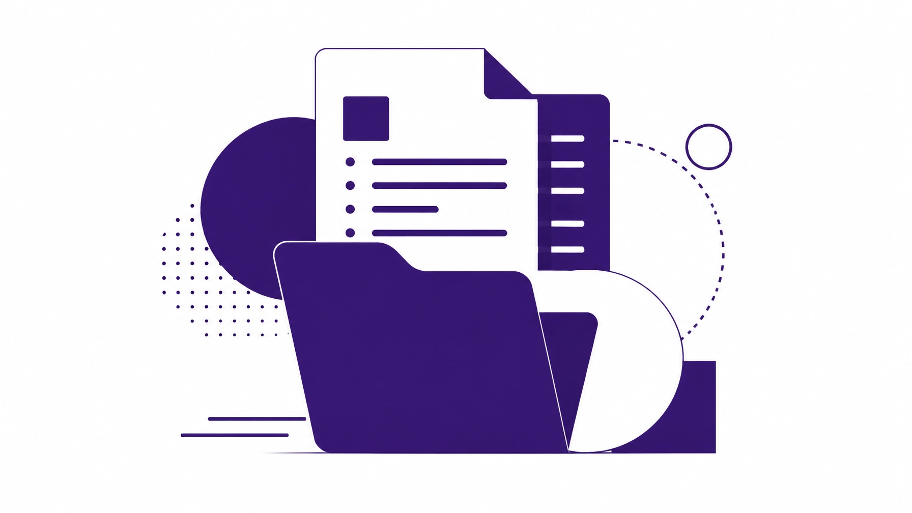 Construction bookkeeping guide abstract folder and document icons in shades of purple and white, symbolizing organized job costing and document management. Minimalist style with high contrast.