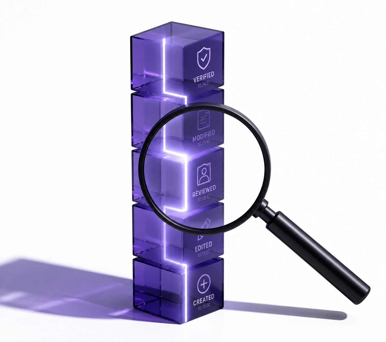 A magnifying glass inspecting a secure audit trail within modern bookkeeping software.