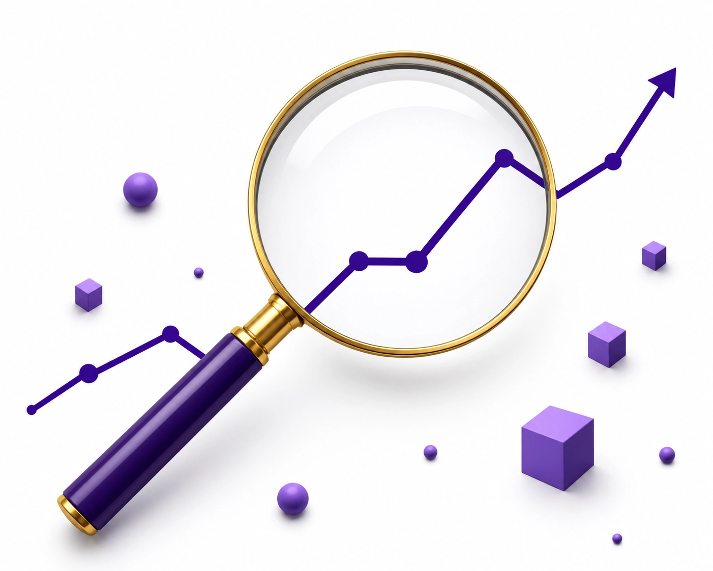 Magnifying glass over a rising line graph representing financial clarity and professional bookkeeping.