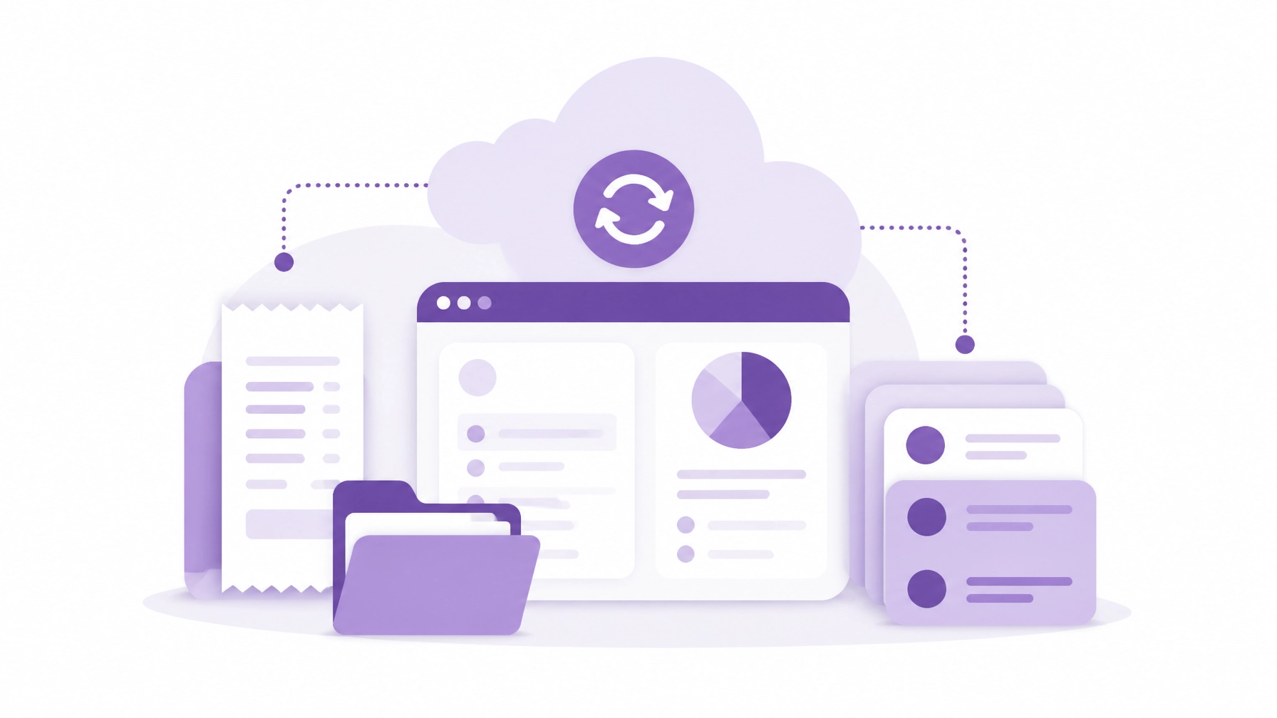 Abstract minimalist cloud bookkeeping tools visual in purple and white with receipt and folder shapes