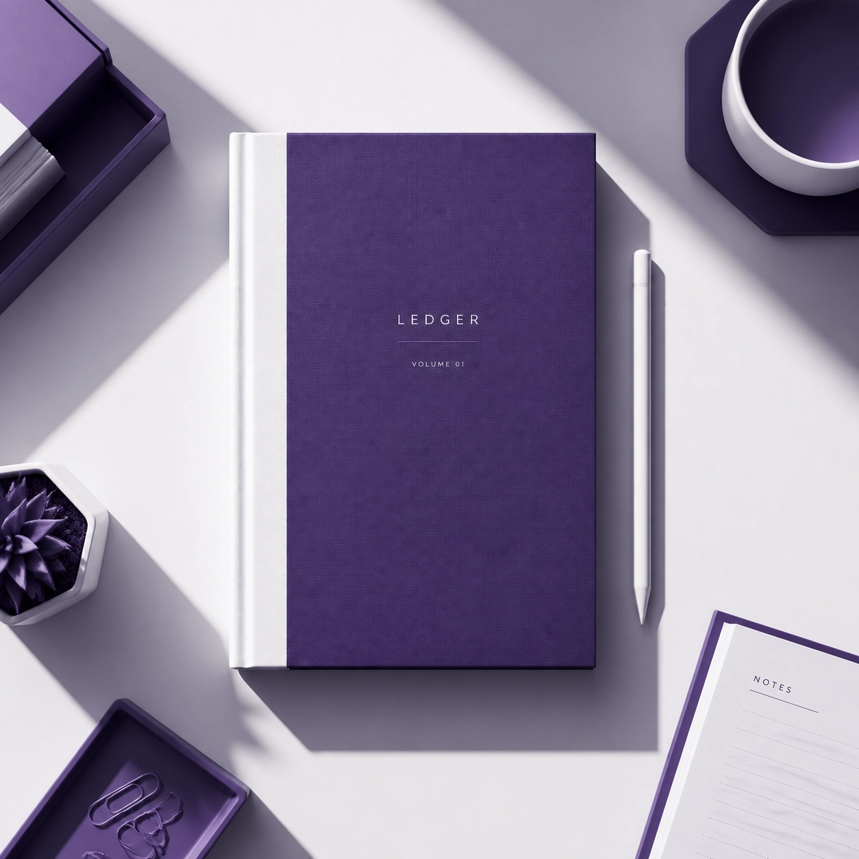 A minimalist purple ledger book on a desk representing professional financial cleanup and precision.