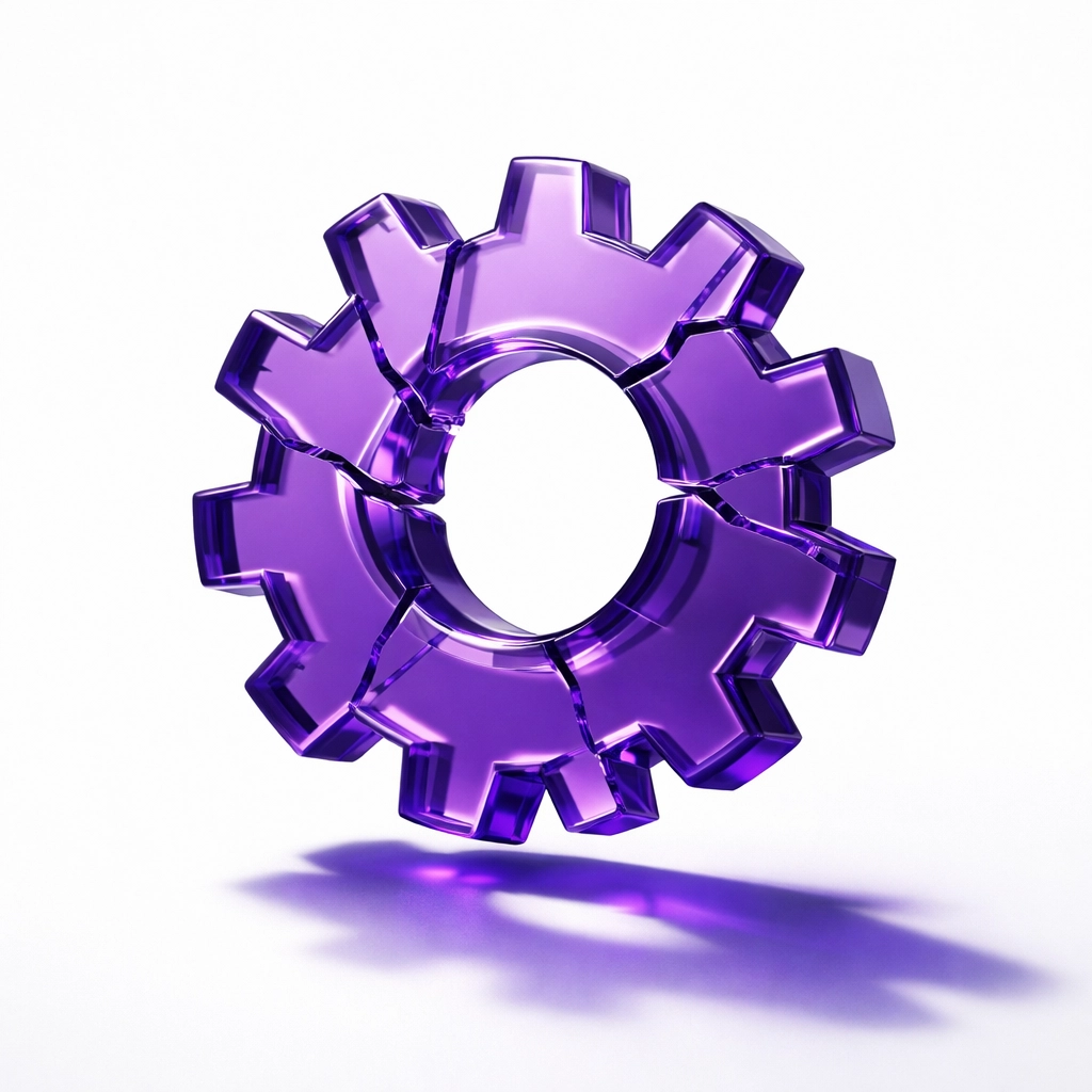 A fractured purple gear symbolizing the failure of automated bookkeeping software systems.