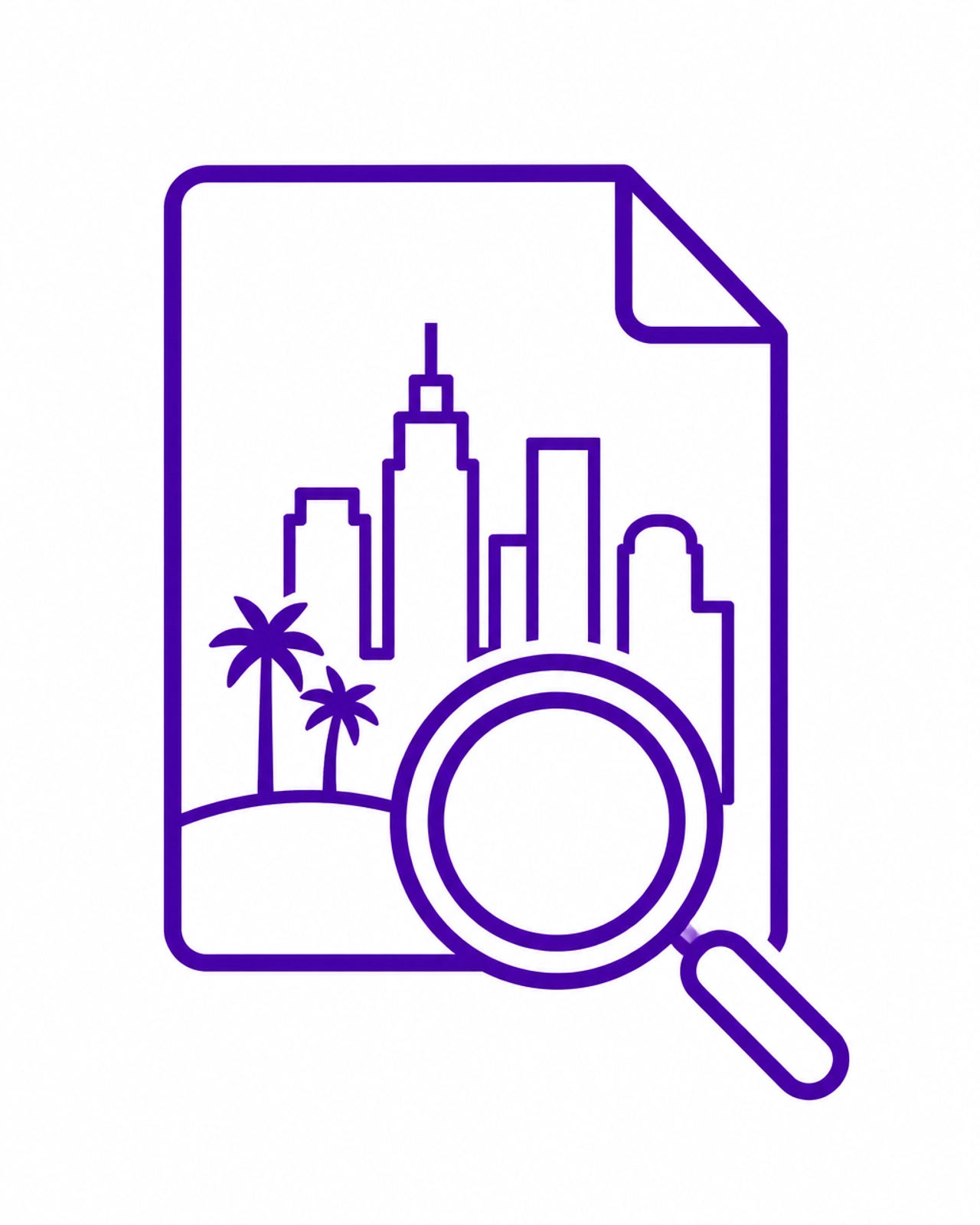 Abstract magnifying glass over Los Angeles skyline silhouette