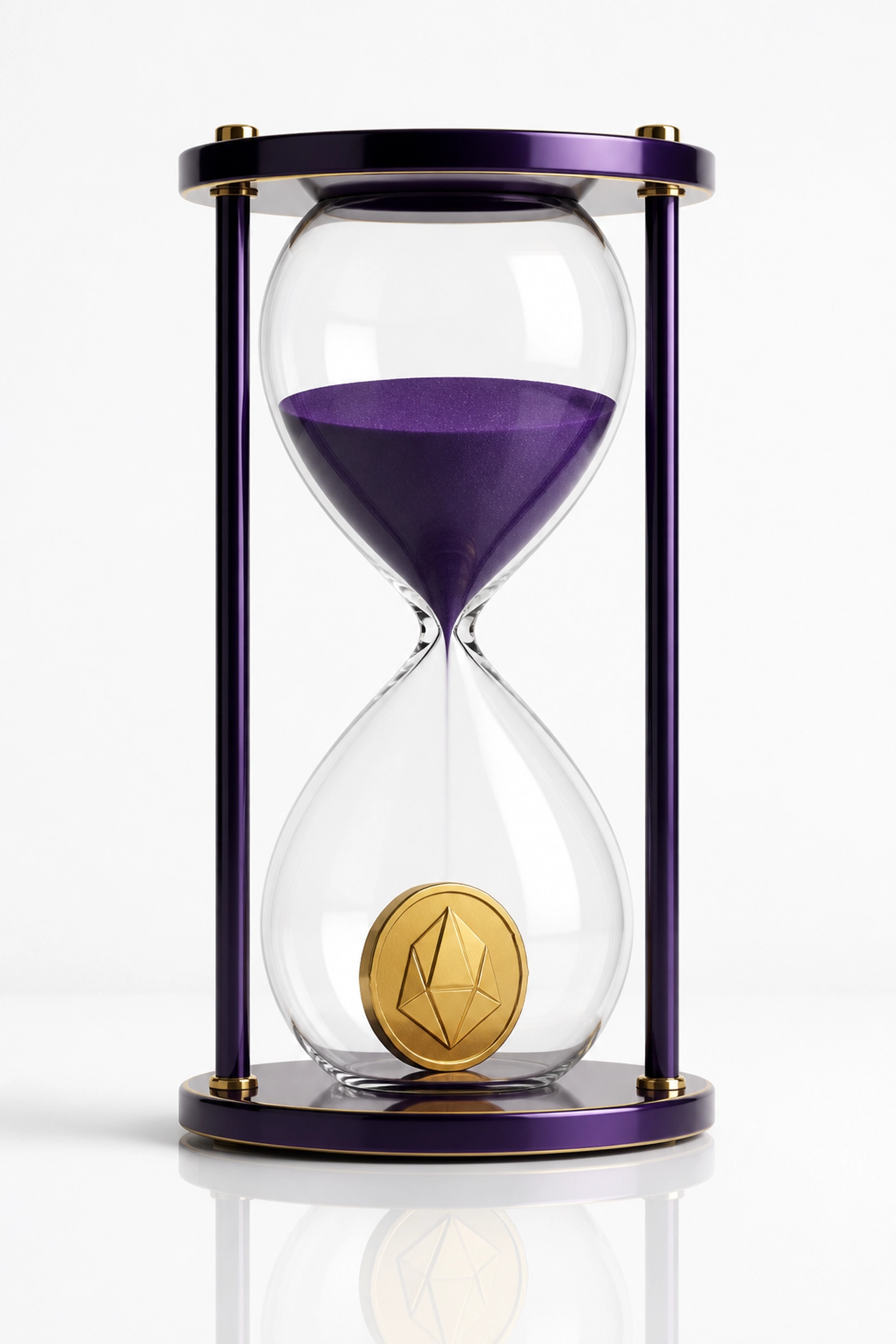 Purple hourglass and gold coin illustrating the value of time when choosing bookkeeping software.