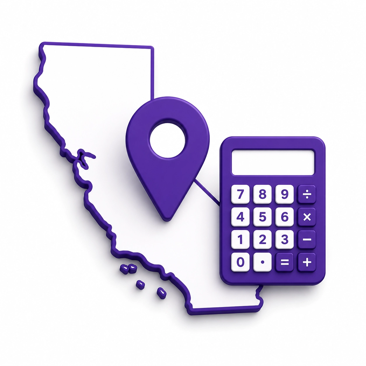 Map pin on California outline with a calculator showing local bookkeeping services for LA business compliance.