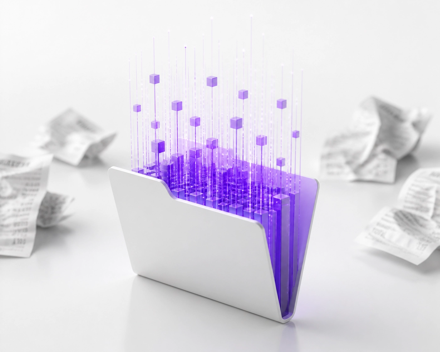 Digital folder organizing messy receipts into accurate bookkeeping records for small businesses.