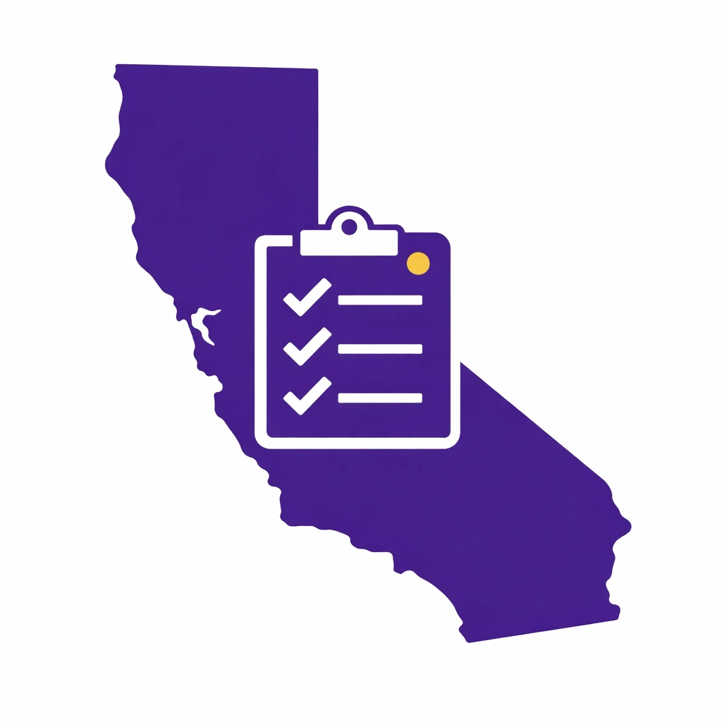 California map icon with a compliance checklist for Los Angeles small business regulatory and tax requirements.
