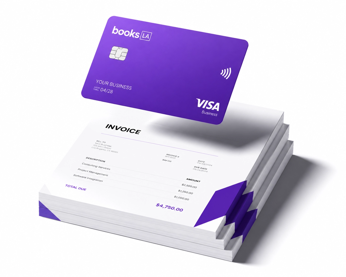 Purple credit card and invoices illustrating bookkeeping tasks like recording payments and account reconciliation.