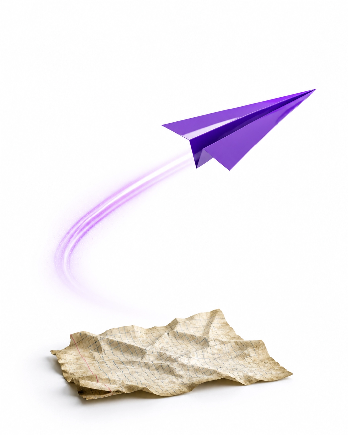Purple paper airplane flying over crumpled grid paper, representing the switch from spreadsheets to cloud accounting.