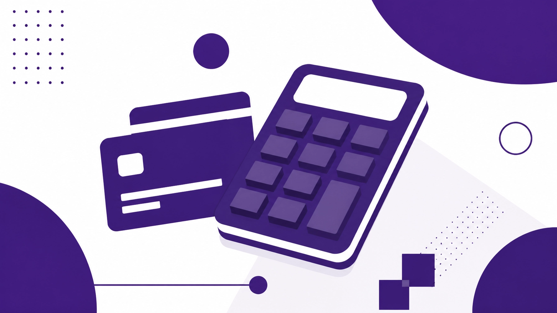 Construction bookkeeping guide abstract minimalist calculator and bank card icons in purple and white. High contrast, clean design representing financial management and accuracy.