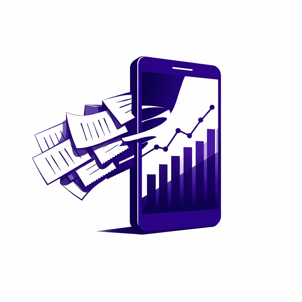 Smartphone scanning paper receipts into digital data for efficient paperless business accounting.
