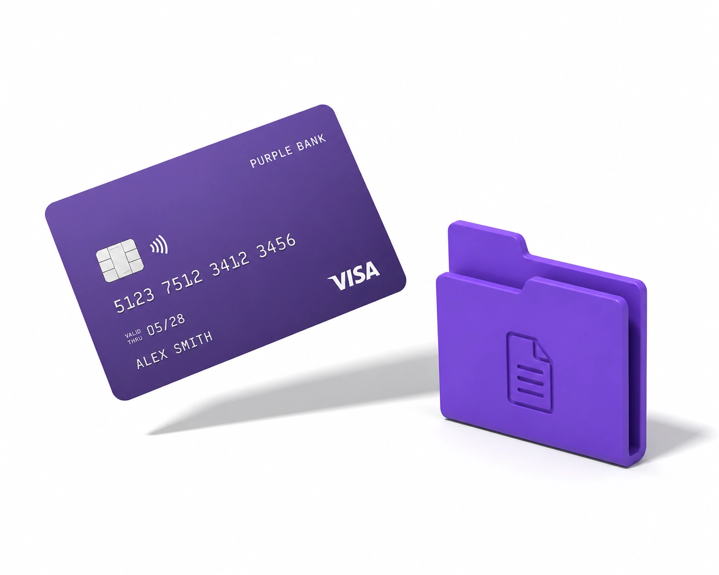 A minimalist purple bank card and digital folder representing organized small business financial records.