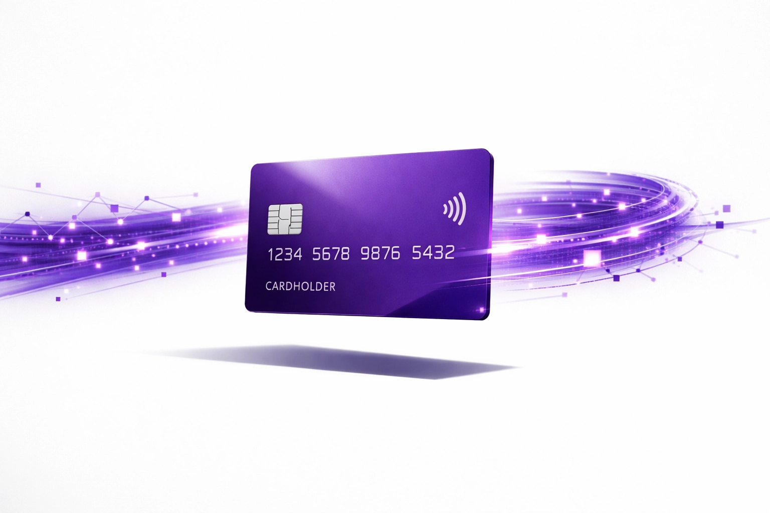 Purple credit card with data streams representing automated small business bookkeeping bank synchronization.