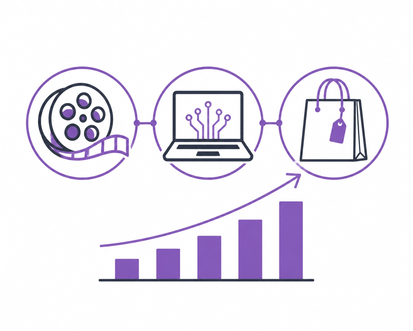 Growth chart with industry icons representing bookkeeping services for LA tech, retail, and film startups.