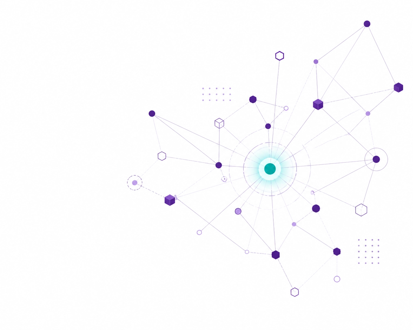 Interconnected purple nodes representing the team-based expertise of an outsourced bookkeeping service.