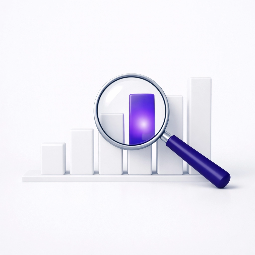Magnifying glass inspecting a bar chart to find bookkeeping errors missed by automation.