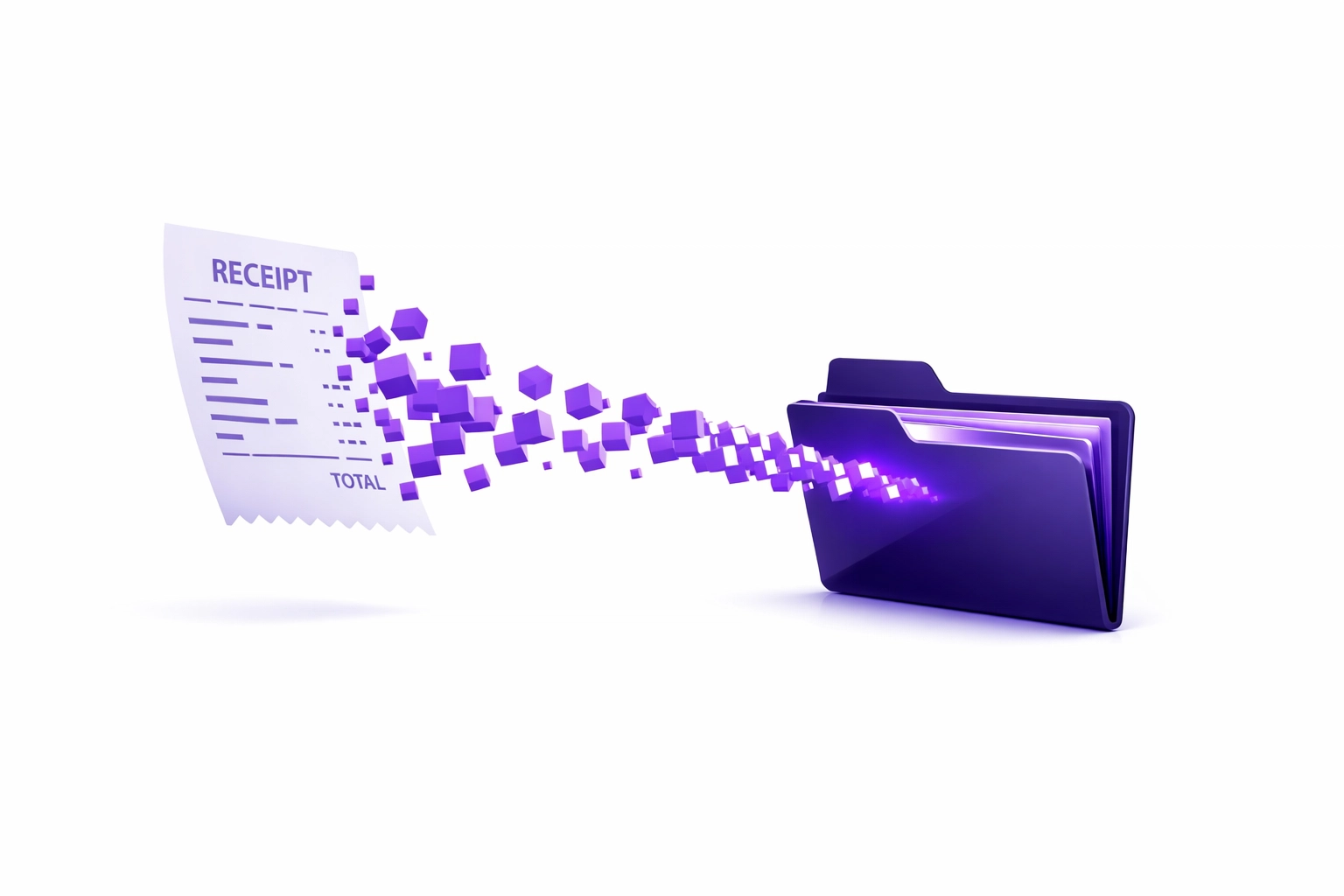 A receipt transforming into digital data, representing automated bookkeeping and AI data entry for lean teams.